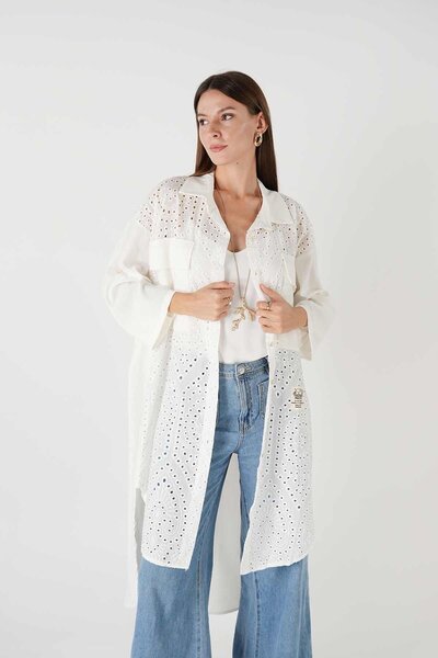 Ranasubaşı Guipure Pocket Detailed Long Shirt White