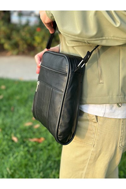 Deribag Genuine Leather, Medium Size, Crossbody Strap, Women's Shoulder Bag, Black, 22*24*5 cm