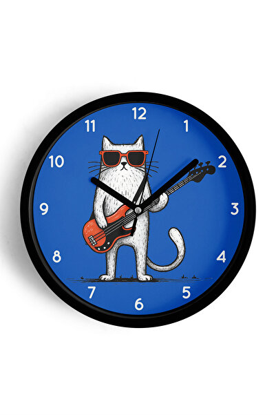 JHAAR ساعة حائط حديثة على شكل قطة تعزف الجيتار - 25 سم - هيكل أسود مع واجهة ز...