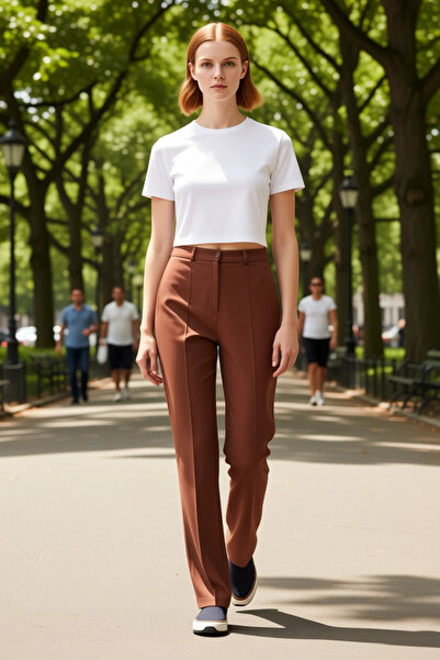 PayBuy Women's High Waist Straight Cut Ribbed Detailed Woven Trousers Functional Durable Quality Stylish