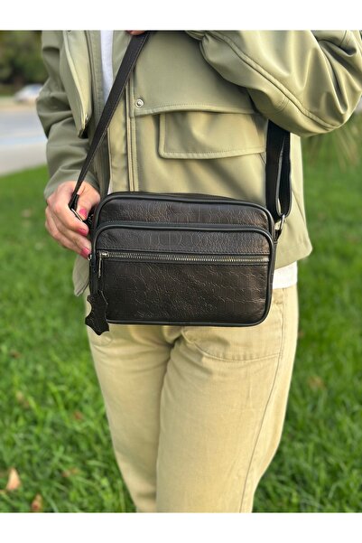 Deribag Genuine Leather, Medium Size, Crossbody Strap, Women's Shoulder Bag, Printed Black, 23*17*8 cm