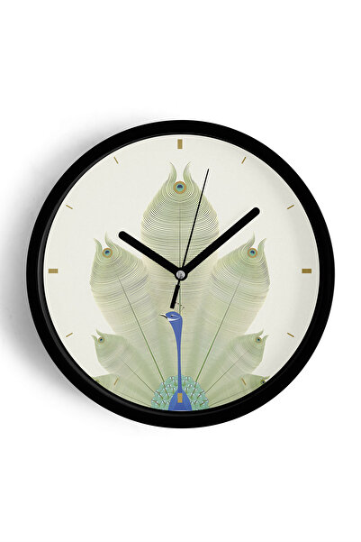 JHAAR ساعة حائط حديثة بتصميم طاووس أنيق - 30 سم - هيكل أسود مع واجهة زجاجية -...