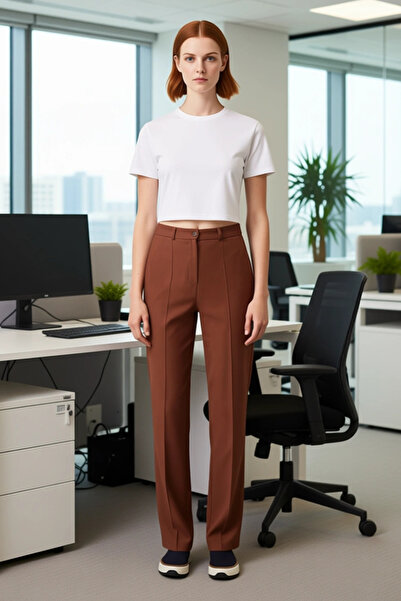 PayBuy Women's High Waist Straight Cut Ribbed Detailed Woven Trousers Functional Durable Quality Stylish