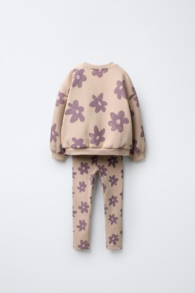 Magu Girl's Cotton Cream Lilac Floral Patterned Sweatshirt & Leggings Set