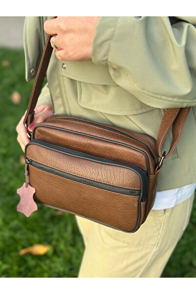 Deribag Genuine Leather, Medium Size, Crossbody Strap, Women's Shoulder Bag, Tan, 23*17*8 cm