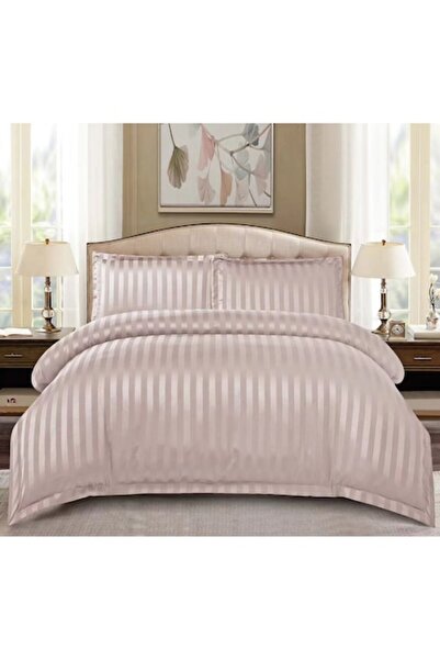 MHR Damask Stripe Bed Linen 4-piece Set for Double Bed, Fitted Sheet 180x200 cm, Brown