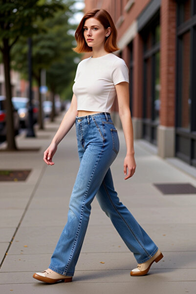 PayBuy Pantaloni de damă din denim cu picioare evazate talie înaltă Funcționa...