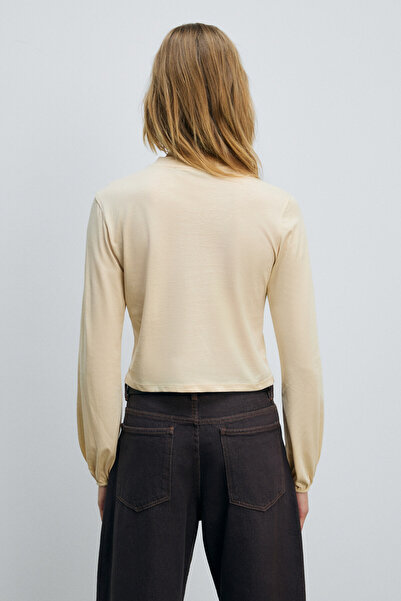 GRIMELANGE Timbali Women's 100% Cotton Soft Fabric Printed Balloon Sleeves with Elasticated Cuffs Cream T-Shirt