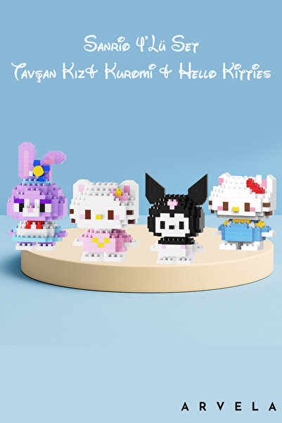 Arvela Sanrio 4’lü Mini Blok Set – Tavşan Kız, Kuromi ve Hello Kitty Figür Ko...