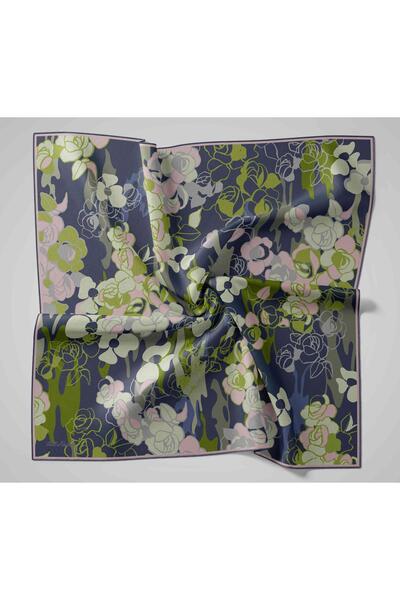 Silk Home Navy Blue Green Floral Pattern Tivil Woven Pure Silk Scarf-Kvs0886