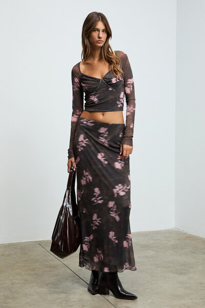 GRIMELANGE Beulah women's maxi skirt Slim Fit elastic waist tulle batik patterned brown-floral patterned skirt