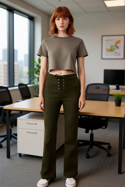 PayBuy Women's Khaki Gabardine Lace-Up Flare Pants Functional Durable Quality Comfortable Modern