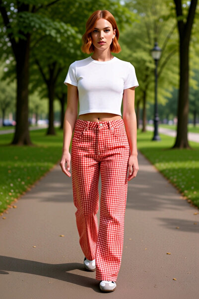 PayBuy Women's Red Gingham Wide Leg Pants Functional Durable Quality Comfortable Casual