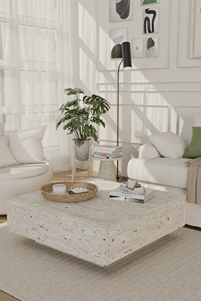 Estoria Home Traverten Mermer Desen Kullanışlı Kare Uçan Orta Sehpa Yeni Nesi...