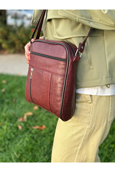 Deribag Genuine Leather, Medium Size, Crossbody Strap, Women's Shoulder Bag, Burgundy, 22*24*5 cm