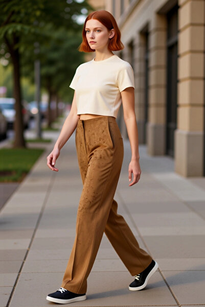 PayBuy Women's Faux Suede Flare Cut Pants Functional Durable Quality Comfortable Aesthetic Casual