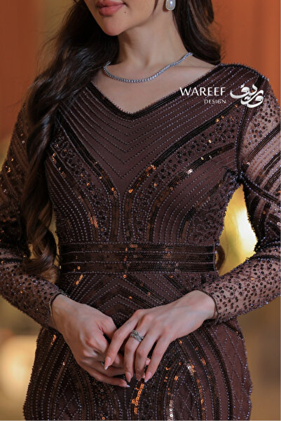 MAC CENTER Long brown evening dress embellished with crystals, fitted design, long sleeves
