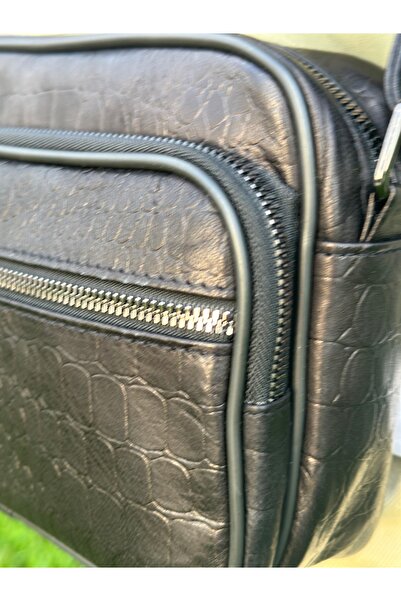 Deribag Genuine Leather, Medium Size, Crossbody Strap, Women's Shoulder Bag, Printed Black, 23*17*8 cm