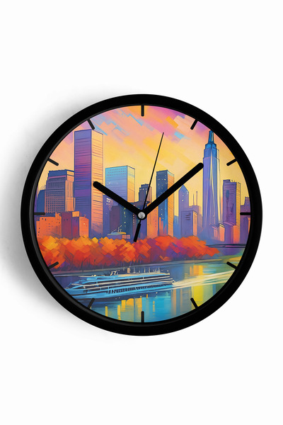 JHAAR Ceas de perete modern City Silhouette - 42 cm - Carcasă neagră cu sticl...