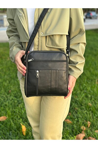 Deribag Genuine Leather, Medium Size, Crossbody Strap, Women's Shoulder Bag, Black, 22*24*5 cm