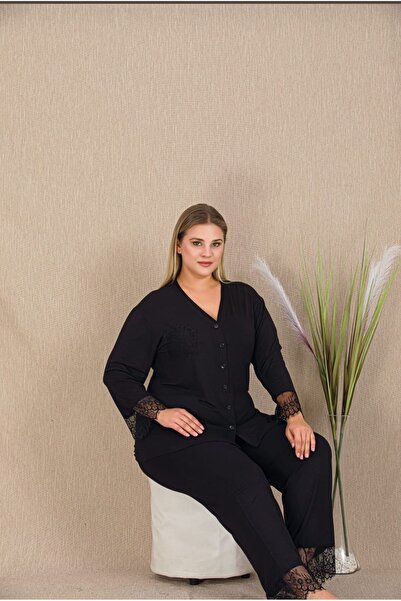 MOPİ Plus Size Black Buttoned and Lace Detailed Long Sleeve Very Stylish Viscose Home Wear & Pajama Set