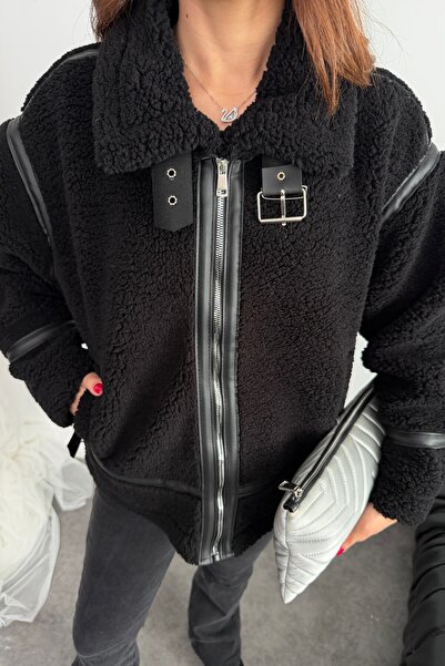 moda armanc Γυναικείο δερμάτινο παλτό με λεπτομέρειες oversized - Premium Design Biker Teddy Coat Jacket