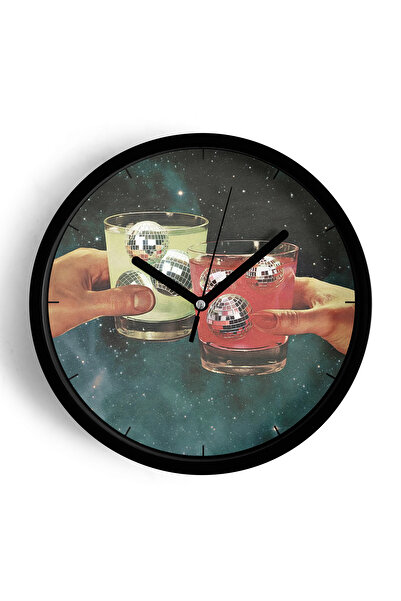 JHAAR Ceas de perete modern cu tematică cocktail - 25 cm - Carcasă neagră cu ...