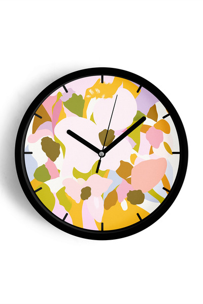 JHAAR Ceas de perete modern cu flori abstracte - 30 cm - Carcasă neagră cu st...
