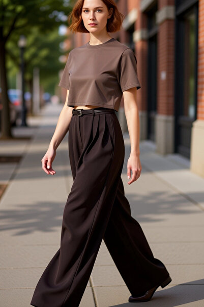 PayBuy Γυναικείο παντελόνι με ζώνη φαρδύ μπατζάκι πλισέ υφαντό παντελόνι Λειτ...