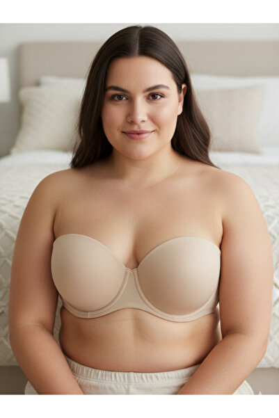 SOSYETEZGAHI Büyük Beden Kadın Toparlayıcı Straplez Sütyen 95g Krem Bütün Kalıp75c