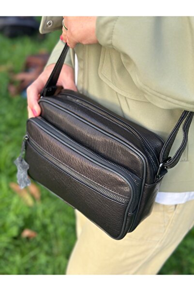 Deribag Genuine Leather, Medium Size, Crossbody Strap, Women's Shoulder Bag, Black, 23*17*8 cm