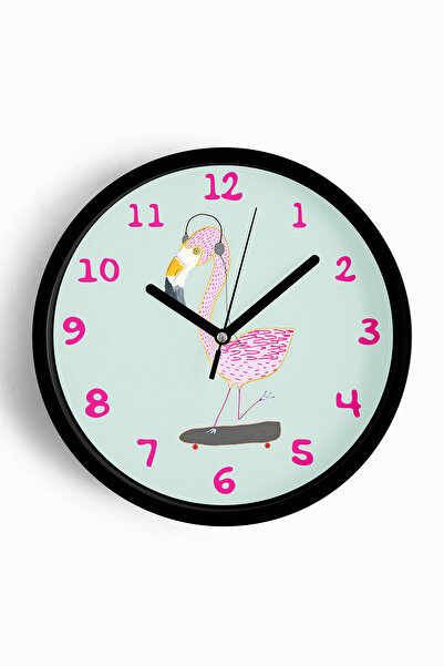 JHAAR Ceas de perete pentru camera copiilor cu flamingo roz care face skatebo...