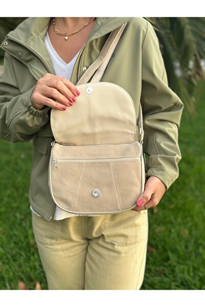 Deribag Genuine Leather, Crossbody Strap, Casual Bag, Women's Shoulder Bag, Beige Color, Suede Leather 21*20*7 cm