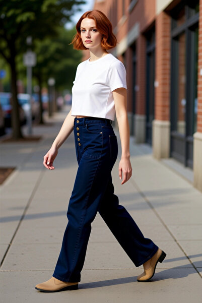 PayBuy Kadın Geniş Paça Düğmeli Yüksek Bel Jean Pantolon Fonksiyonel Dayanıkl...