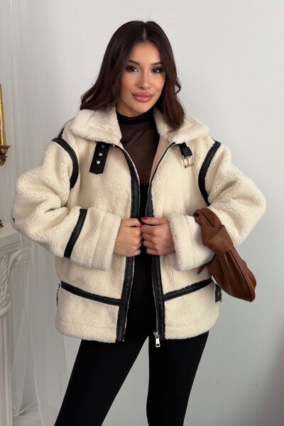 moda armanc Γυναικείο δερμάτινο παλτό με λεπτομέρειες oversized - Premium Design Biker Teddy Coat Jacket