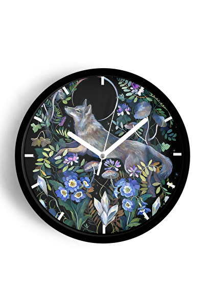 JHAAR ساعة حائط عصرية بتصميم زهرة تجريدية - تصميم ذئب - 30 سم - هيكل أسود مع ...