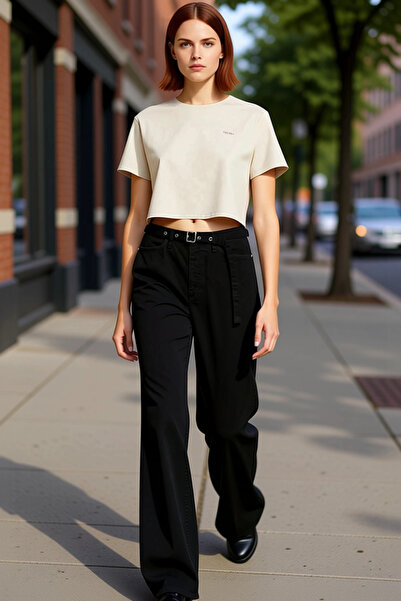 PayBuy Γυναικείο τζιν Palazzo με ψηλόμεσο φαρδύ μπατζάκι με λεπτομέρεια με ζώ...