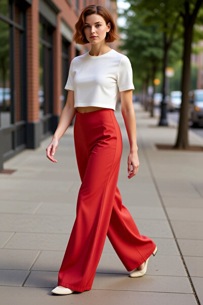 PayBuy Women's Red Slit Wide-Leg Pants Functional Durable Quality Comfortable Modern