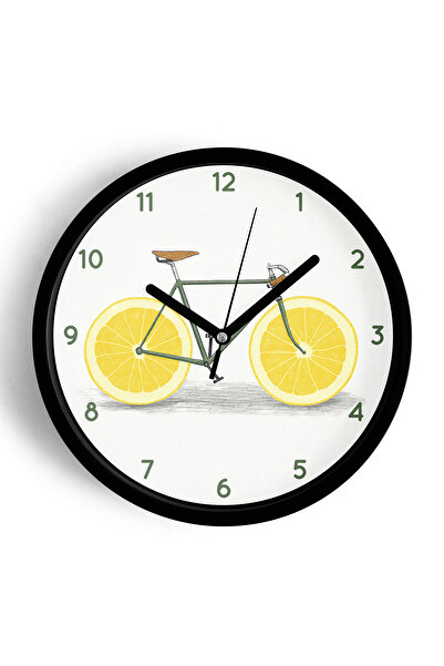 JHAAR Limon Bisikleti Modern Tasarım Mutfak Duvar Saati - 25cm - Önü Camlı Siyah Kasa - Sessiz Mekanizma