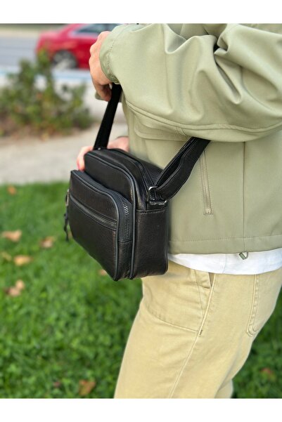 Deribag Genuine Leather, Medium Size, Crossbody Strap, Women's Shoulder Bag, Black, 23*17*8 cm