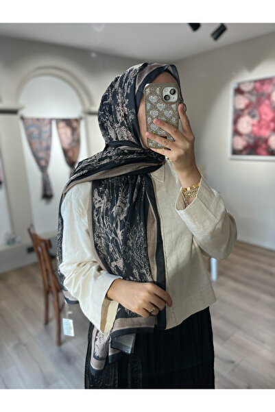 Merwiss Vintage Desen Soft Şal - Siyah-Bej