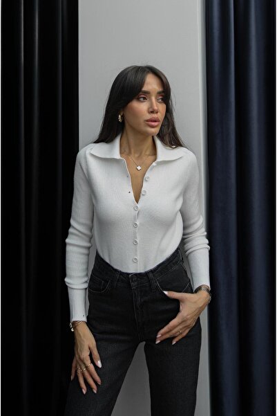 Havoş Ecru multi-button polo neck sweater