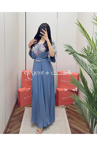 Elegent Sky blue dress embroidered with shimmering flowers and elegant pleated details - one size fits all