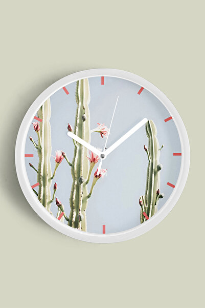 JHAAR Ceas de perete modern cu flori de cactus - 30 cm - Carcasă albă cu stic...