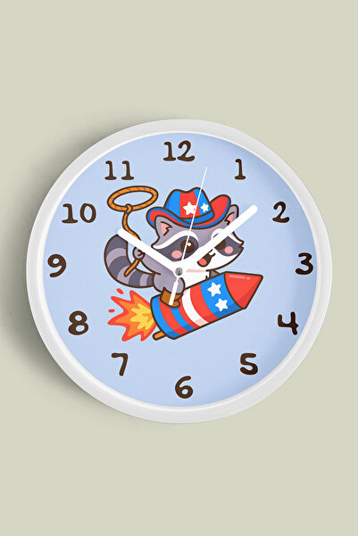 JHAAR Ceas de perete pentru camera copiilor cu design Cowboy Raccoon pe rache...