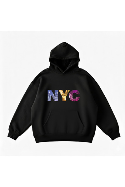 Maki Home Makiteks Black Cotton Unisex Pocketed Hooded Relaxed Fit New York City Nyc Printed Sweatshirt