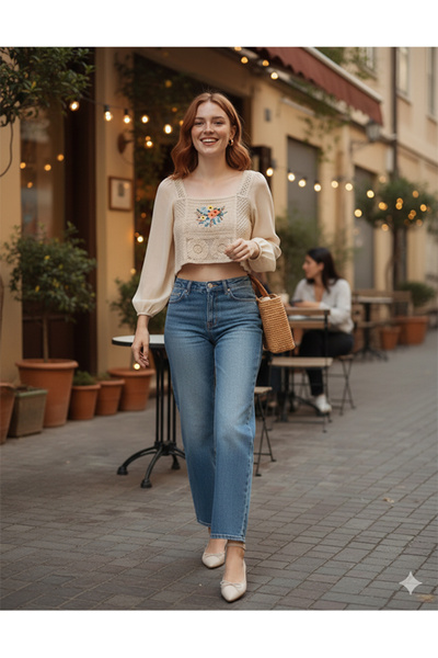 Namaste Vintage Beige Color Sleeves Chiffon Embroidery Crop Blouse