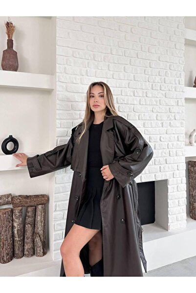 EDAYBUTİK Νέα σεζόν Premium δερμάτινη καμπαρντίνα με ζώνη oversized
