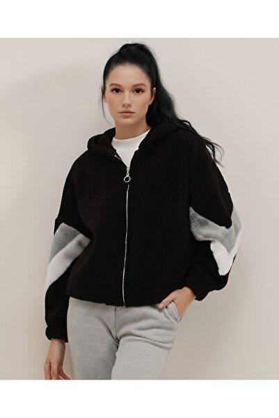 inci wears Hooded Sleeve Detail Elastic Plush Zippered Jacket Black