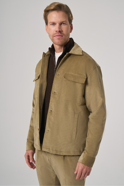 Morven Men's Beige Trend Double Pocket Velvet Shirt Jacket